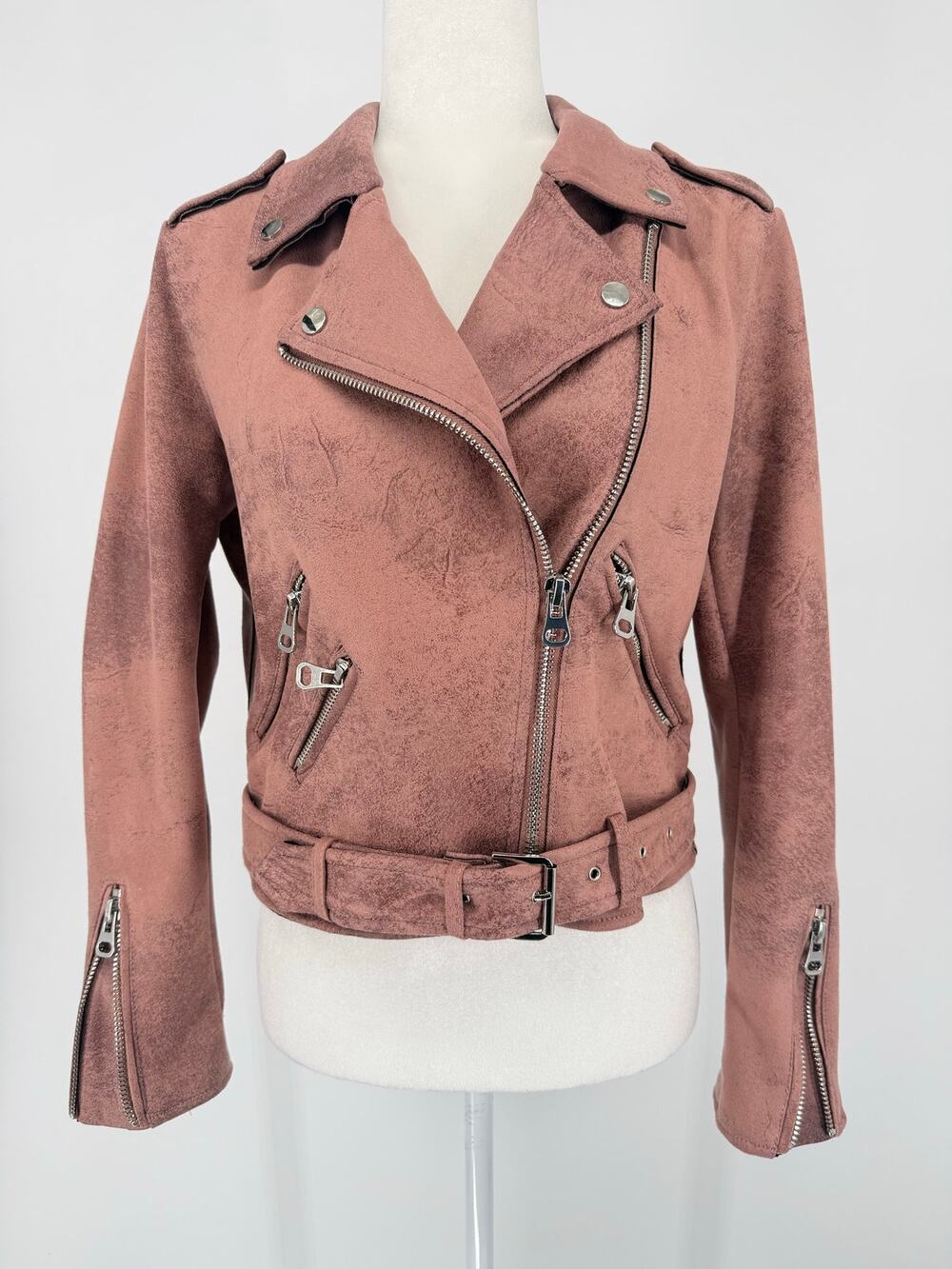Dex Dusty Rose Faux Suede Moto Biker Jacket Belted Silver Zip Size M